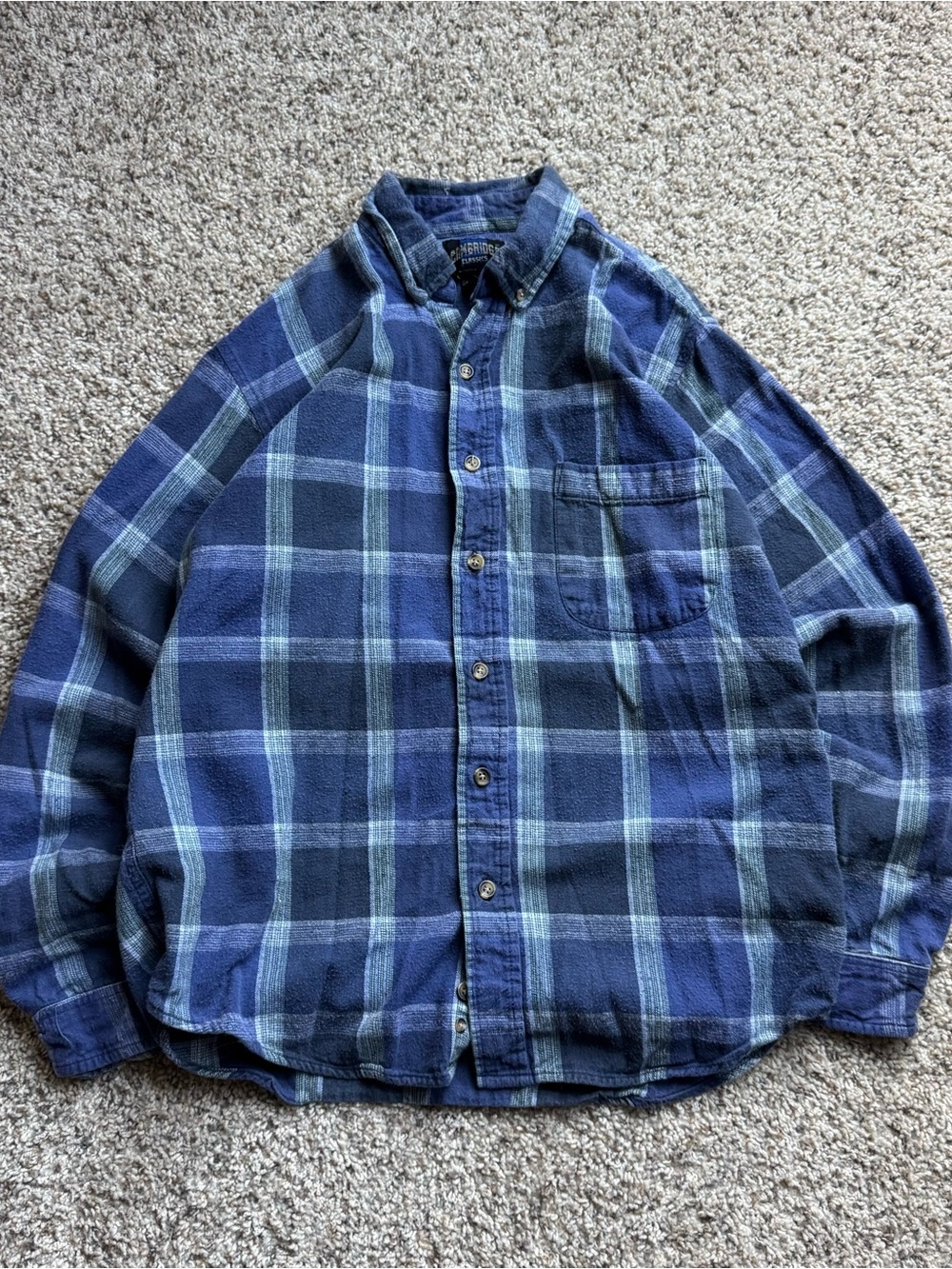 Cambridge Classics Men's 90s Blue Plaid Flannel Cotton Long Sleeve Button-Up M